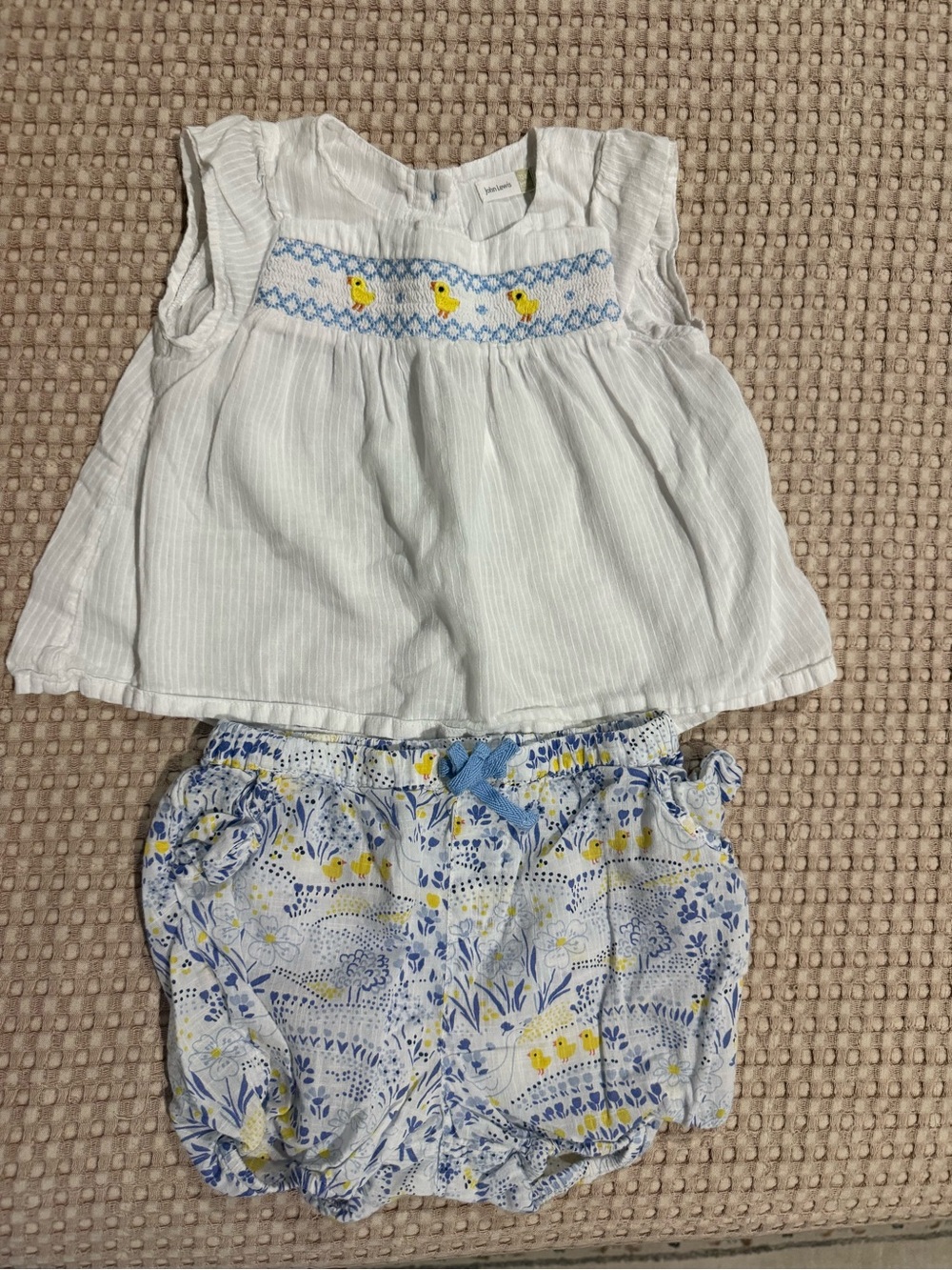 John Lewis- White Smocked Top with Blue & Yellow Chick Details